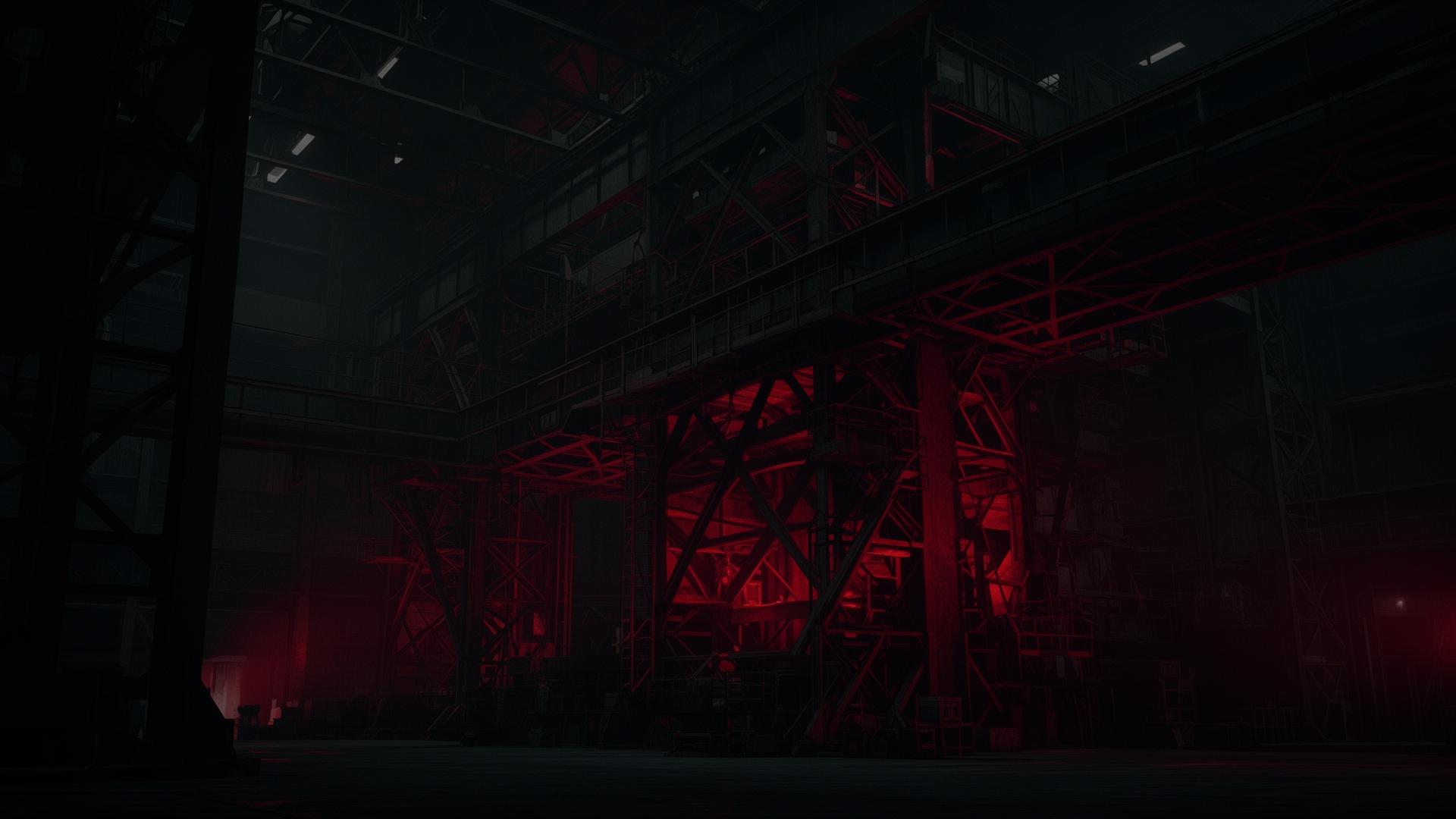 Industrial engineering hall with red accent lighting